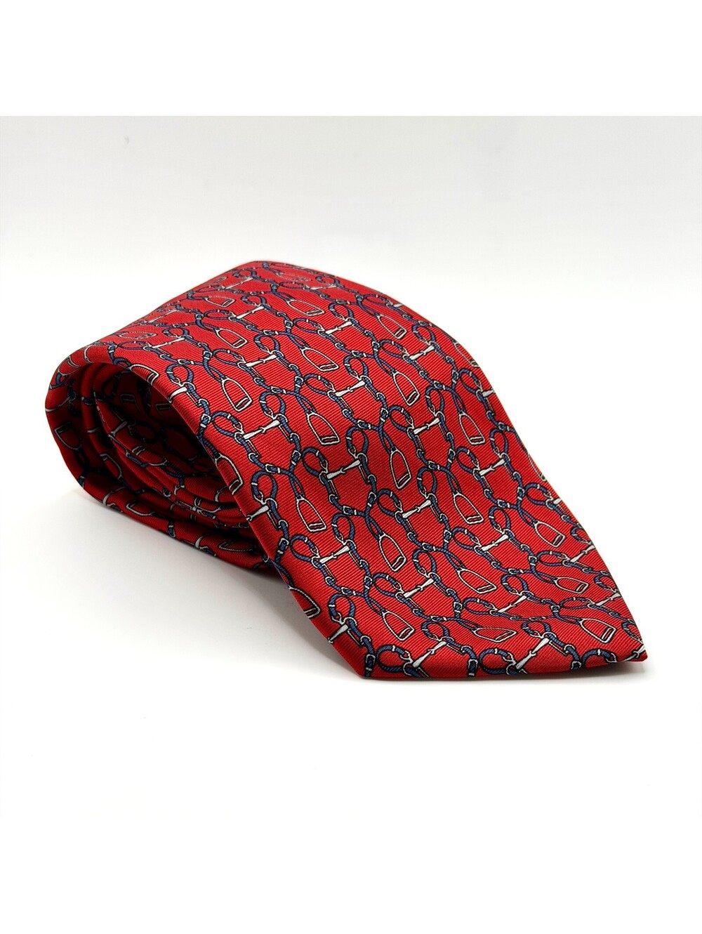 Vintage 90s Fendi Red 100% Silk Equestrian Bit Chain Necktie